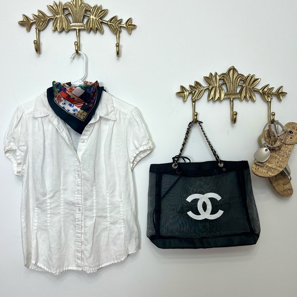 100% linen White short sleeve blouse with tailored chic look M - Picture 5 of 6